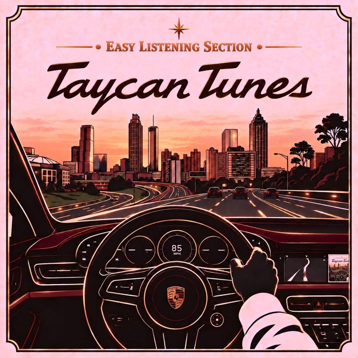 Taycan Tunes cover art: a Porsche steering wheel and dashboard at dusk, the Atlanta skyline ahead under a pink sky.